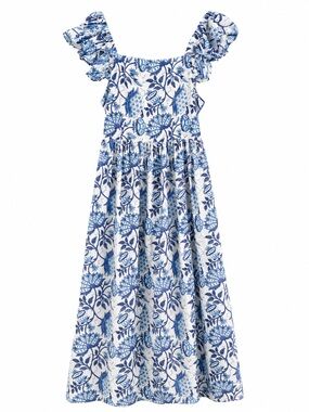 Karni Blue Floral Cotton Maxi Dress Puff Sleeve Tie Back Size M